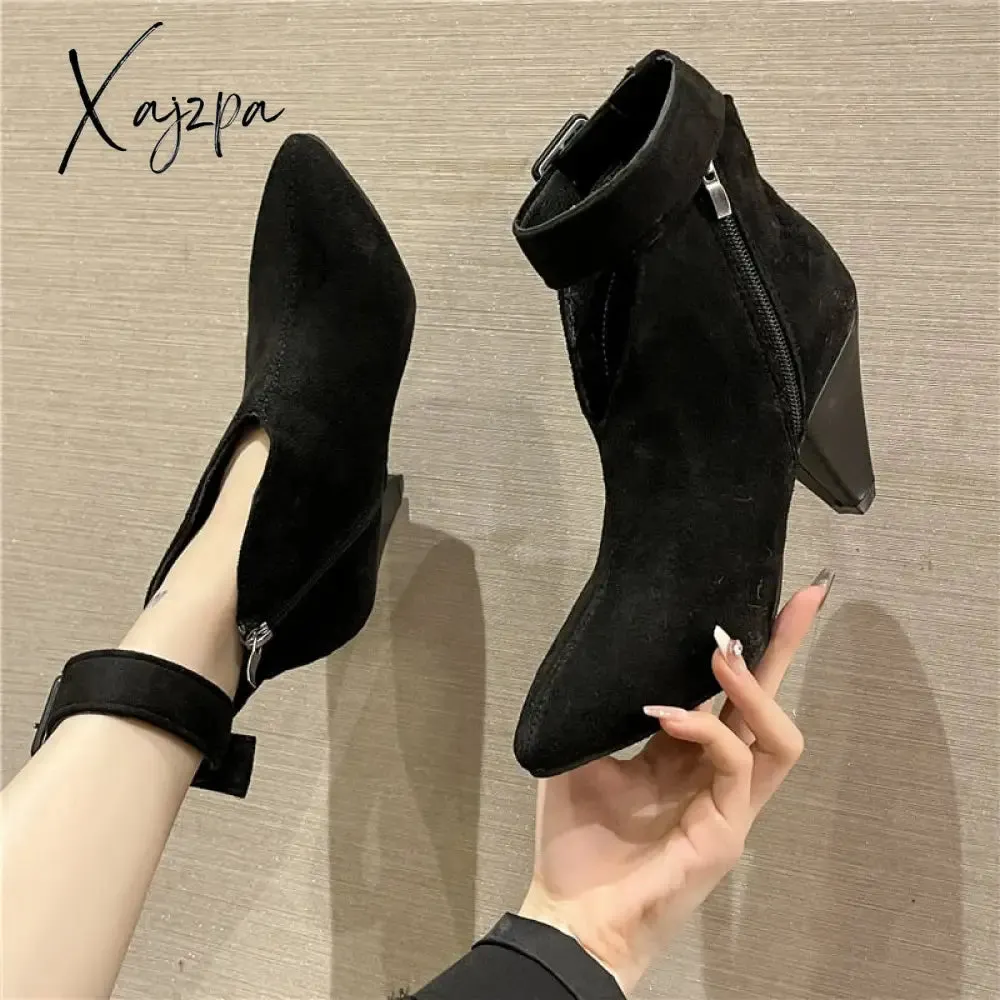 Xajzpa - Flock Buckle Zipper Type-V Autumn Winter Women Ankle Boots Fashion Pointed Toe Square High Heel Women Shoes botas mujer