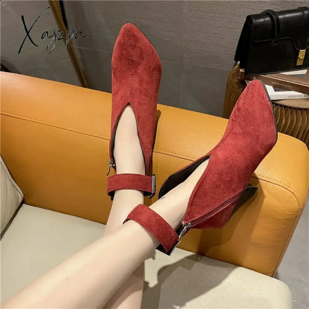 Xajzpa - Flock Buckle Zipper Type-V Autumn Winter Women Ankle Boots Fashion Pointed Toe Square High Heel Women Shoes botas mujer