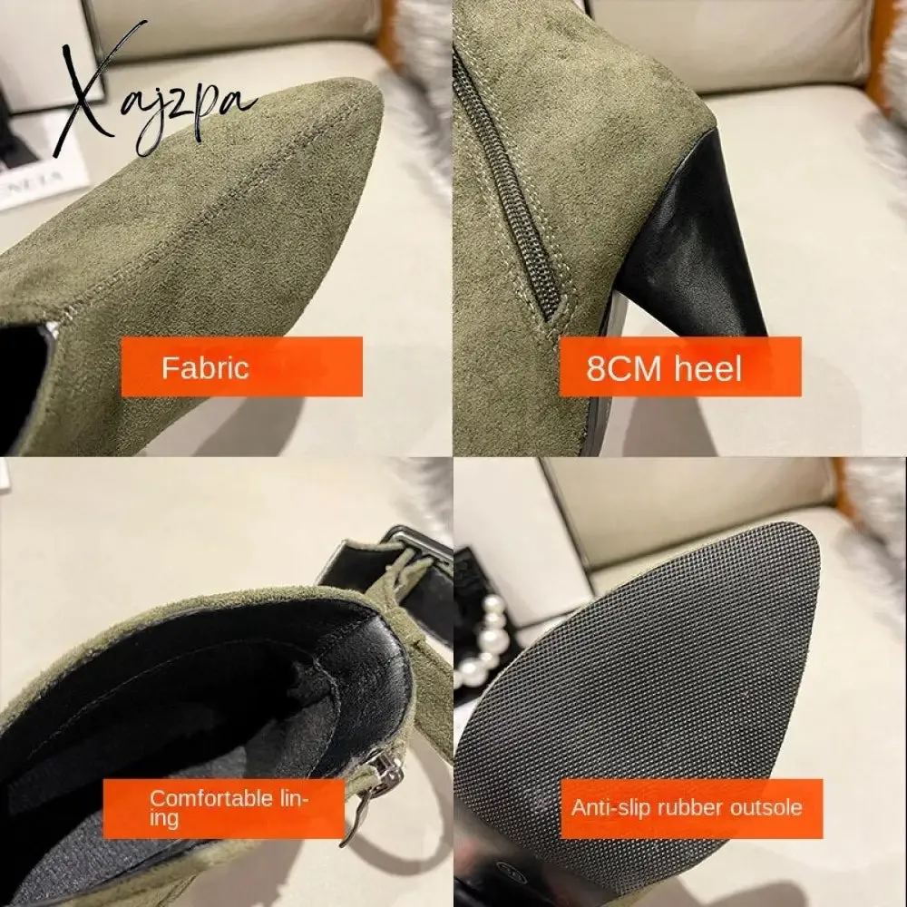Xajzpa - Flock Buckle Zipper Type-V Autumn Winter Women Ankle Boots Fashion Pointed Toe Square High Heel Women Shoes botas mujer