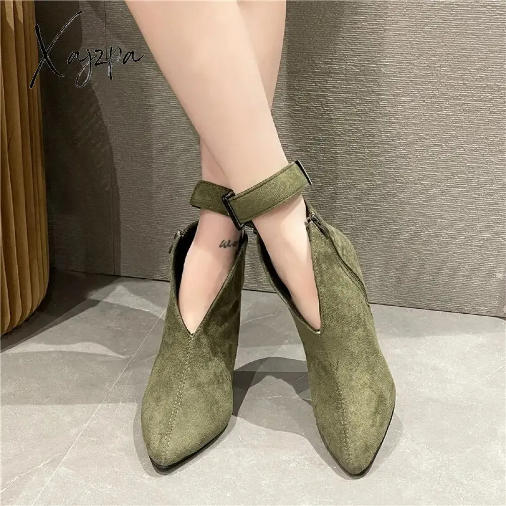 Xajzpa - Flock Buckle Zipper Type-V Autumn Winter Women Ankle Boots Fashion Pointed Toe Square High Heel Women Shoes botas mujer