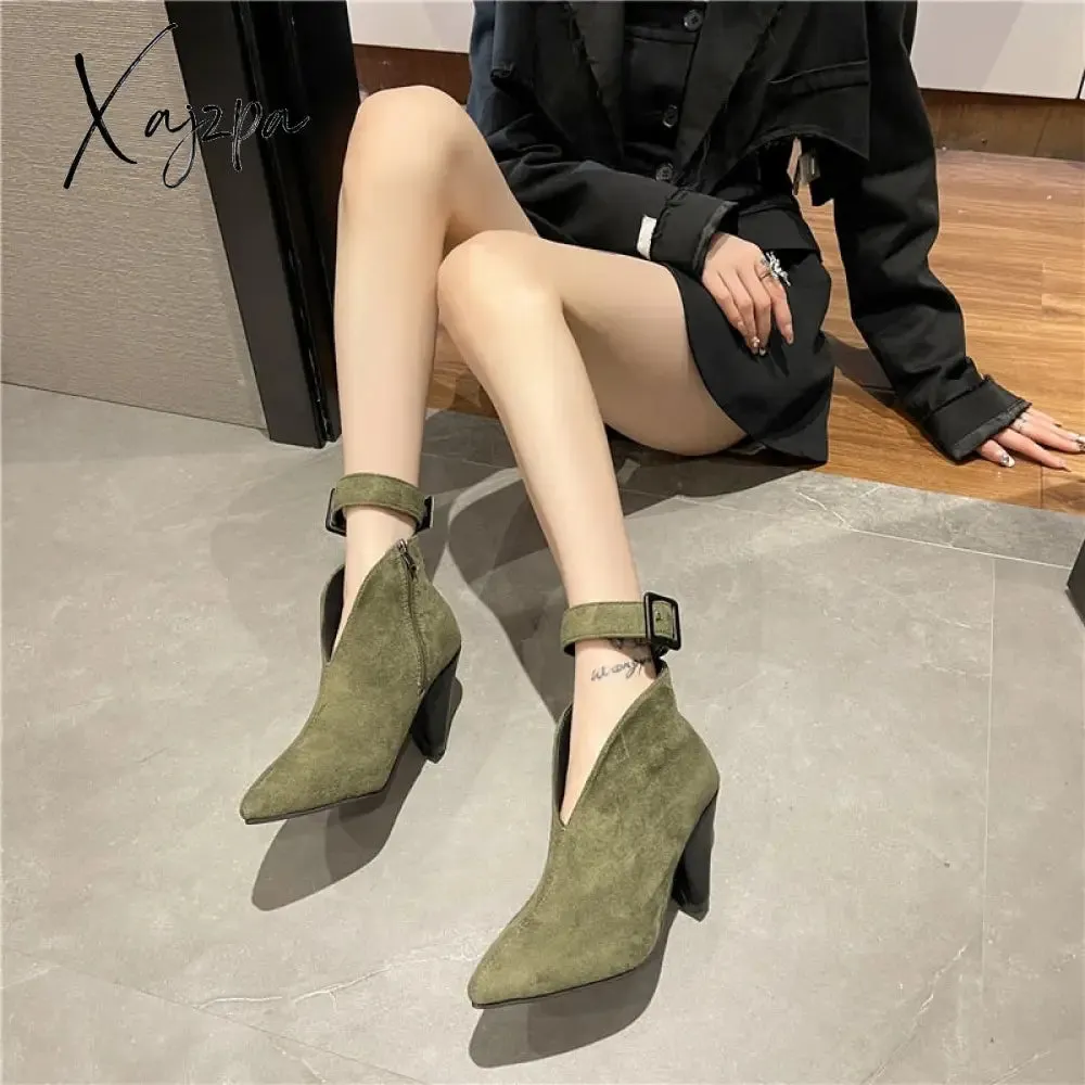Xajzpa - Flock Buckle Zipper Type-V Autumn Winter Women Ankle Boots Fashion Pointed Toe Square High Heel Women Shoes botas mujer