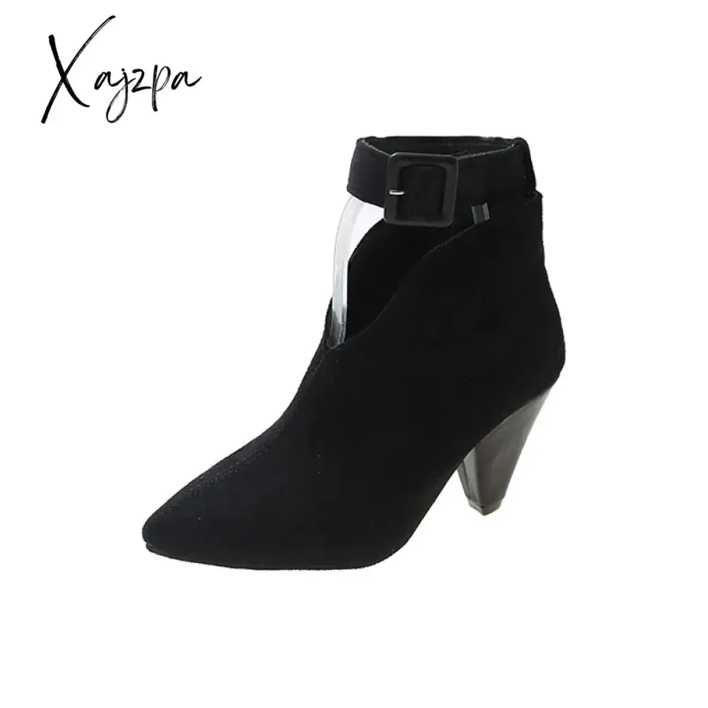 Xajzpa - Flock Buckle Zipper Type-V Autumn Winter Women Ankle Boots Fashion Pointed Toe Square High Heel Women Shoes botas mujer