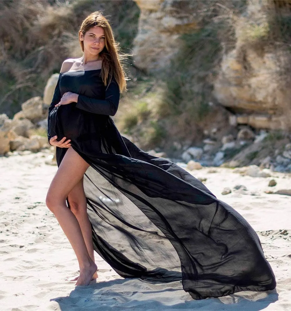 ZIUMUDY Maternity Maxi Chiffon Photography Dress Split Front Gown for Photoshoot