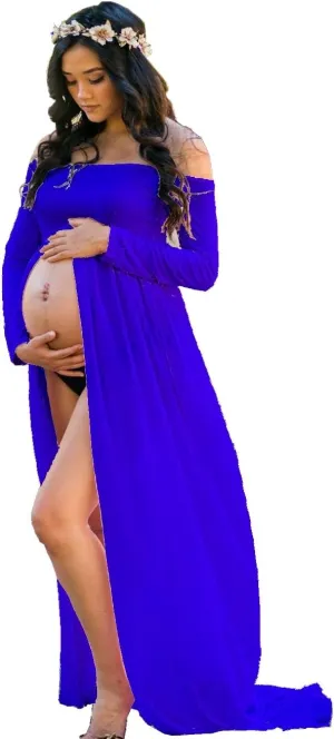 ZIUMUDY Maternity Maxi Chiffon Photography Dress Split Front Gown for Photoshoot