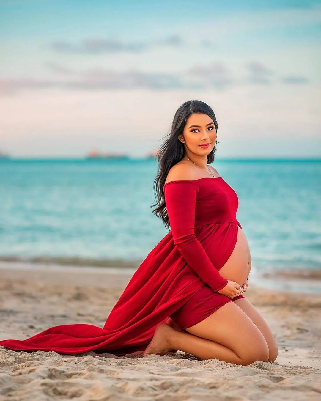 ZIUMUDY Maternity Maxi Chiffon Photography Dress Split Front Gown for Photoshoot