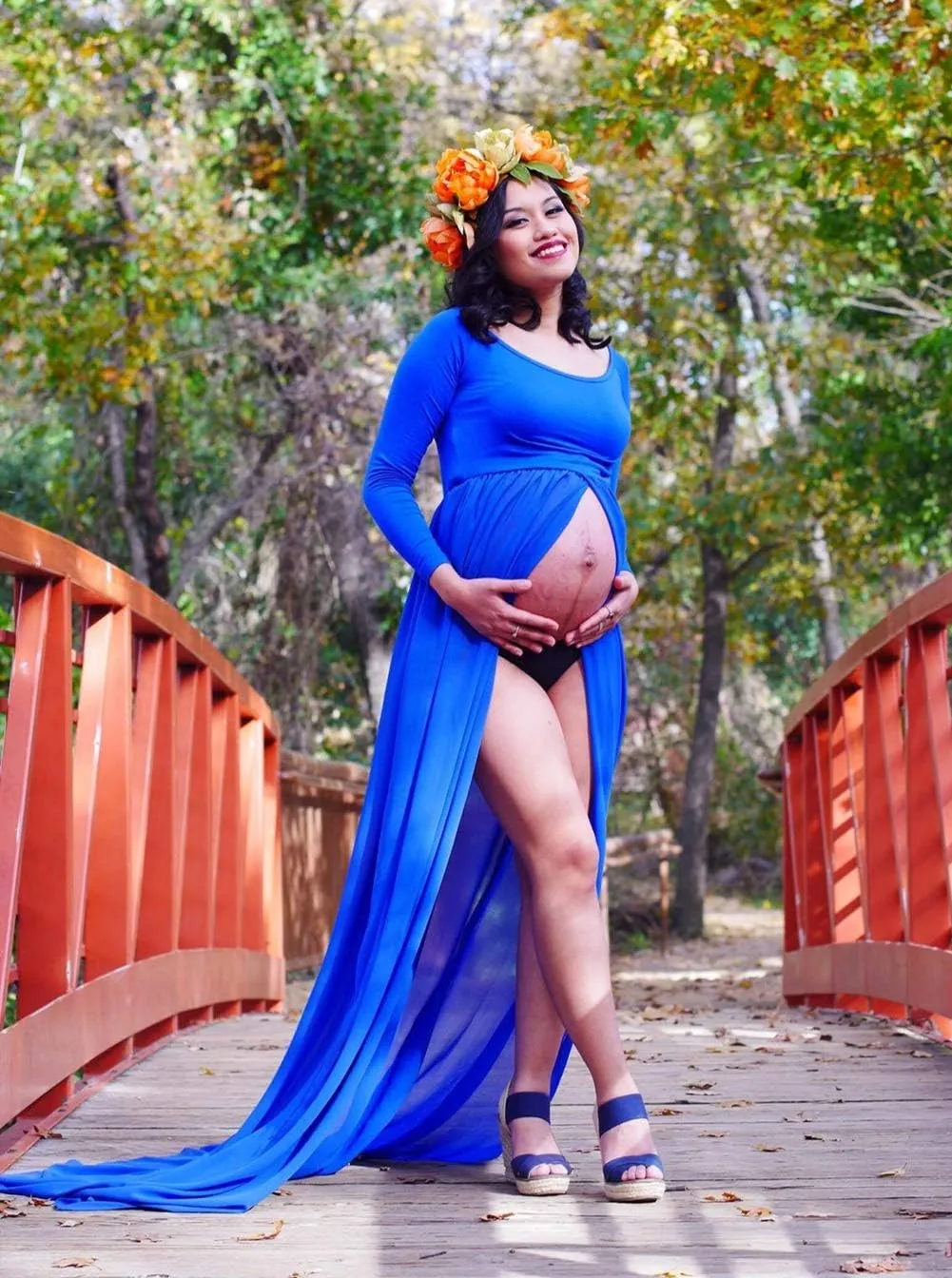 ZIUMUDY Maternity Maxi Chiffon Photography Dress Split Front Gown for Photoshoot