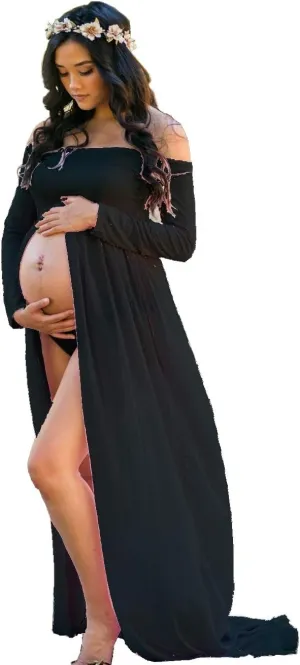ZIUMUDY Maternity Maxi Chiffon Photography Dress Split Front Gown for Photoshoot