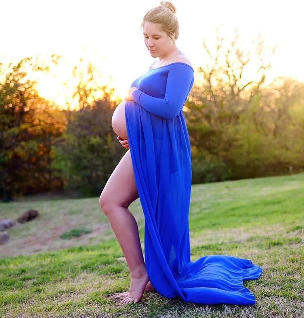 ZIUMUDY Maternity Maxi Chiffon Photography Dress Split Front Gown for Photoshoot