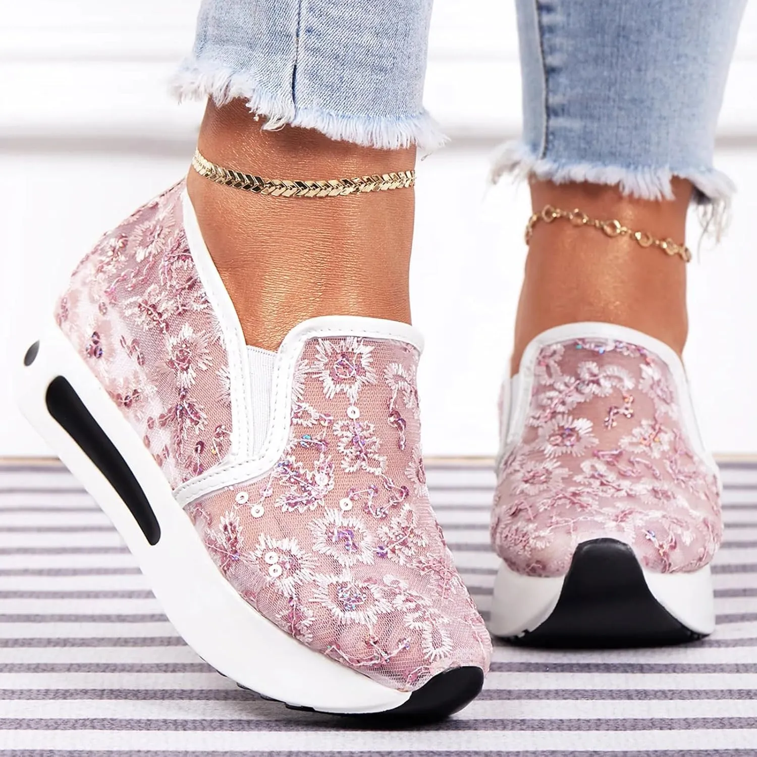ZSpzx Women Casual Shoes Breathable Arch Support Non-Slip Sport Sneakers Wedge Heel Shoe Walking Footwear Summer Comfortable Ladies Dress Mesh Loafer Slides Indoor/Outdoor Daily Wear