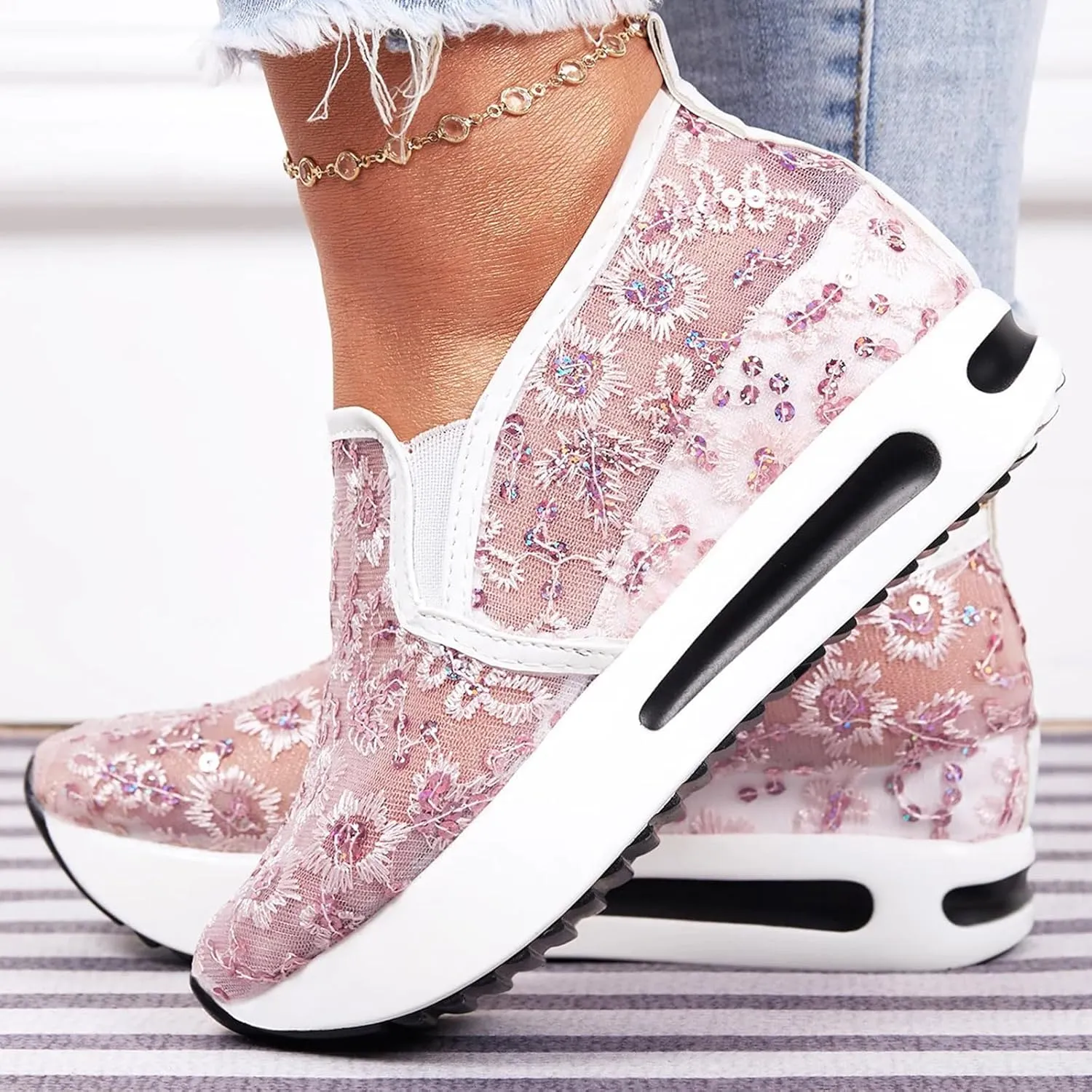 ZSpzx Women Casual Shoes Breathable Arch Support Non-Slip Sport Sneakers Wedge Heel Shoe Walking Footwear Summer Comfortable Ladies Dress Mesh Loafer Slides Indoor/Outdoor Daily Wear
