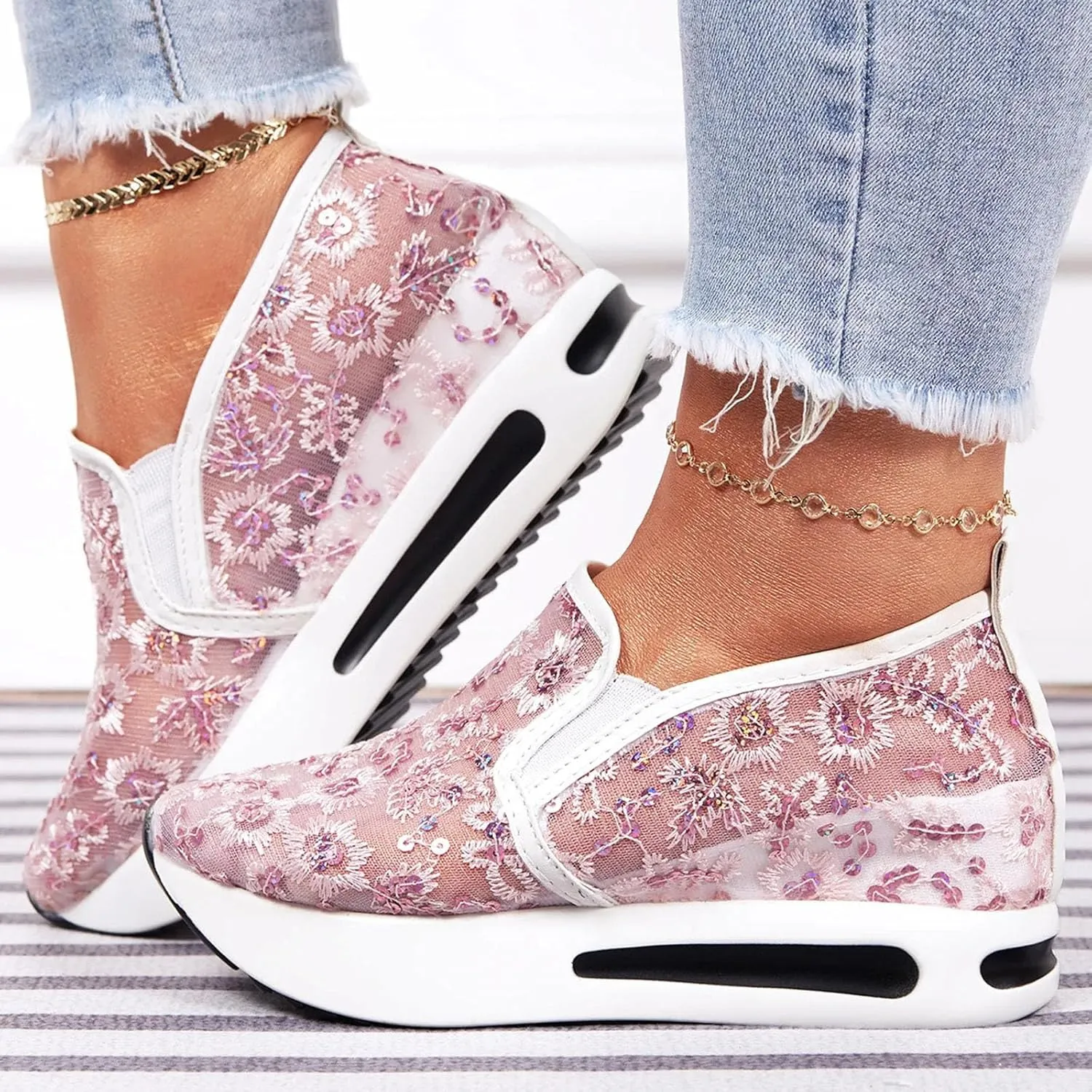 ZSpzx Women Casual Shoes Breathable Arch Support Non-Slip Sport Sneakers Wedge Heel Shoe Walking Footwear Summer Comfortable Ladies Dress Mesh Loafer Slides Indoor/Outdoor Daily Wear